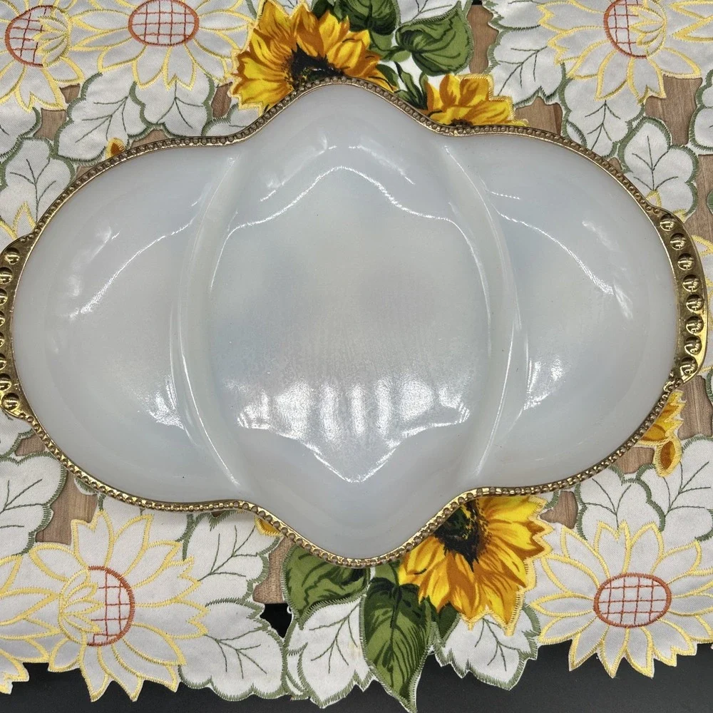 Fire King White With  Gold Trim 3 Part Relish Dish Anchor Hocking